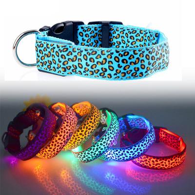 China Lights Wholesale Custom Electric Luminous Adjustable Glowing Reflective Dog Collar Leopard LED Safety Nylon Safety Dog Collar for sale