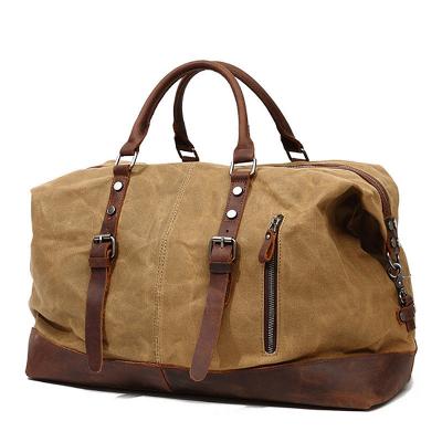 China Waterproof Canvas Duffel Bag Genuine Leather Weekend Bag Weekender Overnight Carryon Hand Bag for sale