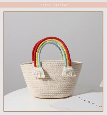 China New Handmade Cotton Woven Bag Seaside Holiday Beach Bag Versatile Straw Woven Bag Lovely Rainbow Cloud Handbag for sale