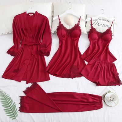 China 2021 Manufacturers QUICK DRY soft ladies sexy pajamas women 4 pieces satin silk sleepwear pajama sets cheap pajama set for sale