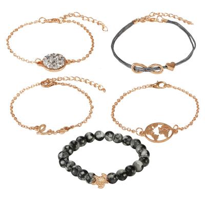 China Fashionable Romantic High Quality Romantic, 5 Pieces Set Natural Love Letter World Map Turtle Bead Bracelet Jewelry For Women for sale