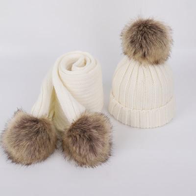 China Wholesale COMMON Girls Boys Kids Toddler Baby Knitted Beanie Winter Hats And Kids Scarves Set With Faux Fur Pom Pom for sale