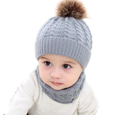 China Wholesale COMMON Girls Boys Kids Baby Knitted Beanie Winter Hats And Scarf Set With Faux Fur Pom Pom for sale