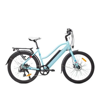 China Aluminum alloy 26 inch 36V 13Ah lithium battery woman electric bike 350W with light blue color for sale