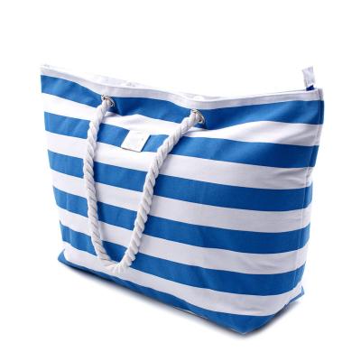 China Large Eco-friendly Striped Waterproof Tote Bag Gym Beach Travel With Zipper For Beach Shoulder Bag Canvas Shopping for sale