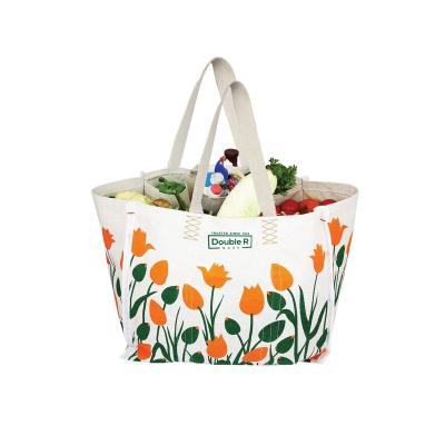 China Eco-Friendly Custom Printed Grocery Store Reusable Heavy Duty Large Vegetable Divided Canvas Carry Bag With Shopping Pouch Logo for sale