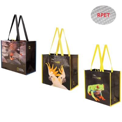 China Eco-Friendly Custom Animal Printed Eco Friendly Reusable Grocery Goods Laminated RPET Waterproof Recycled Shopping Tote Bag for sale