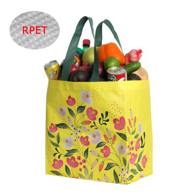 China Custom Eco-Friendly Logo Printed Waterproof Recycled Eco-friendly Grocery Foldable Reusable Supermarket Laminated RPET Shopping Tote Bag for sale