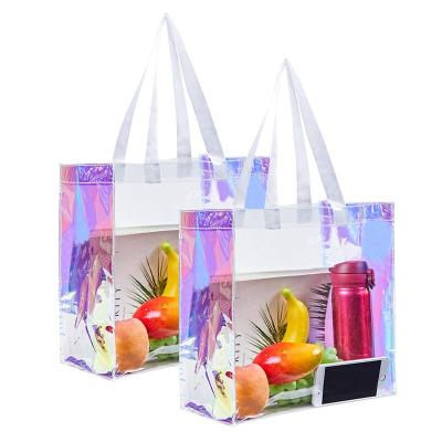 China Handled Stage Approved Transparent Holographic PVC Clear Shopping Tote Bag With Handle For Sports Travel Concert for sale