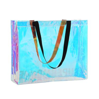 China Custom Laser Printed Fashion Rainbow Holographic Logo Shoulder Tote Bag For Work Travel PVC Handbag Clear Party Beach for sale