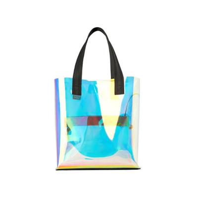 China Custom Holographic PVC Fashion Logo Print Transparent Hologram Iridescent Shopping Handle Shoulder Bag Laser Tote Bag for sale