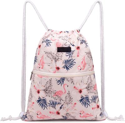 China Waterproof Custom Design Promotion Flamingo Animals Pattern Polyester Sports Waterproof Large Drawstring Backpack Bags for sale