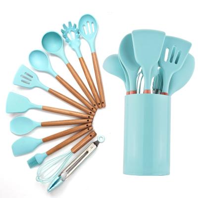 China Amazon Hot Viable 12 Pieces A Set Of Silicone Kitchen Accessories, Cooking Tools, Kitchenware, Wooden Handles Silicone Kitchen Utensils for sale