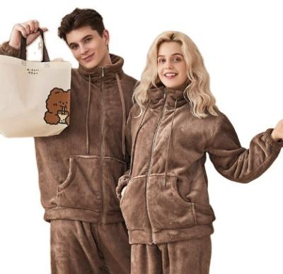 China New Soft Comfortable Style Thickened Flannel Casual Loungewear Couples Set Coral Fleece Zipper Pullover Over Wear Couple Pajamas For Women for sale