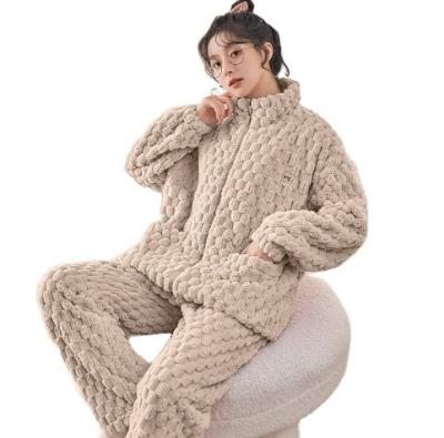 China High Quality Soft Comfortable Women's Coral Fleece Thick Long Sleeve Winter Cardigan Pants Pajamas Set Neck Casual Flannel Turtle Loungewear for sale