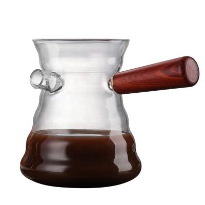 China Viable Edition Elegant Personalized Pyrex Coffee Pot Handle Glass Wooden Coffee Decanter for sale