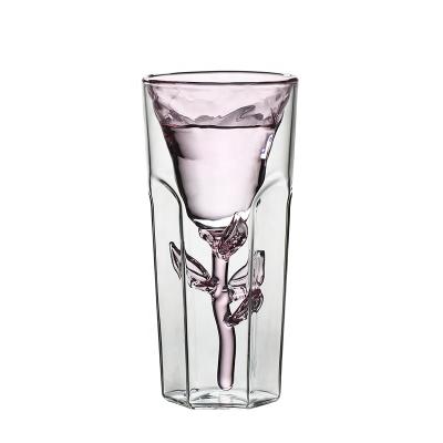 China Fashion Unique Viable Creative Valentine Christmas Gift Rose Glass Cup Rose Shaped Layer Double Drinking Glasswear for sale