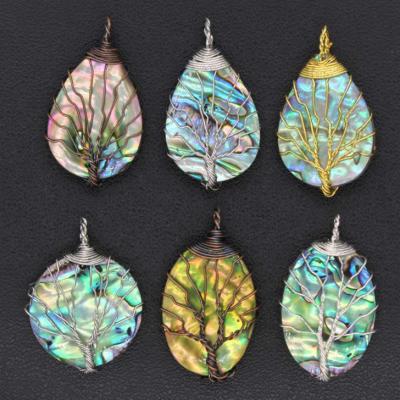 China Europe Wholesale Custom Colorful Natural Shell Water Drop Shape Crystal Tree Of Life Healing Gemstone Pendant for sale