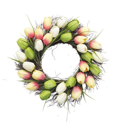 China High Quality Fabric/Rattan/Artificial Spring Plastic Easter Garland Giant Front Door Decoration 16 Inch Flower Tulip Wreath for sale