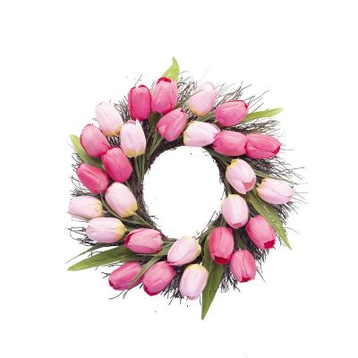 China Decorative Fabric/Rattan Rose Artificial Flower Tulip Wreaths/Spring 40cm Plastic Twig Custom Wholesale Wreath for sale