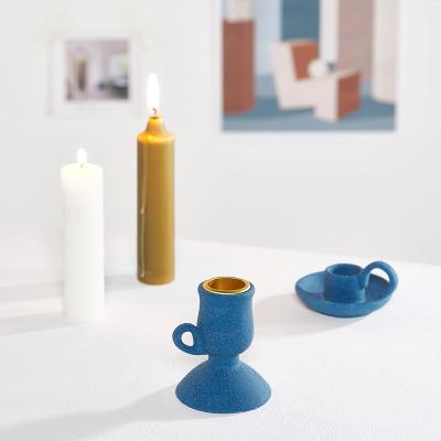 China Cheap Price Wedding Decoration Minimalist Candlestick Jars Modern Design Custom Opens Ceramic Blue Candlestick With Handle For Home Decor for sale