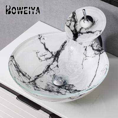 China Custom Boweiya Chinese Factory Painting Ink Wash Basin Marble Ink Color Table Top Bathroom Sink Cabinet Ceramic Glass Black White Wash Basin Cabinets zu verkaufen