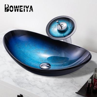 China Modern Minimalist Style China Factory Countertop Boat Shape Blue Easy Bathroom Sink Sets Lavabo Outdoor Hand Washing Sink for sale