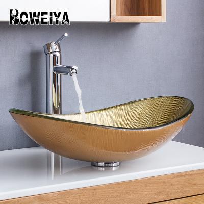 China Cheap Modern Luxury Gold Tempered Glass Hand Painted Basin Countertop Standard Use Bathroom Vanity Bathroom Sinks For Sale for sale