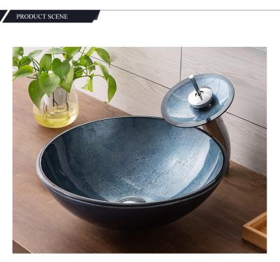 China Modern Hot Product Cabinet Set Gray Blue Foil Tempered Glass Vessel Sink Bathroom Bowl Wash Basin for sale