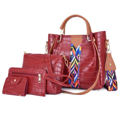 China New Fashion 4pcs Set Waterproof Aztec Ribbon Style Alligator Pattern PU Leather Quilted Ladies 4 In 1 Shoulder Tote Handbag Set Women for sale