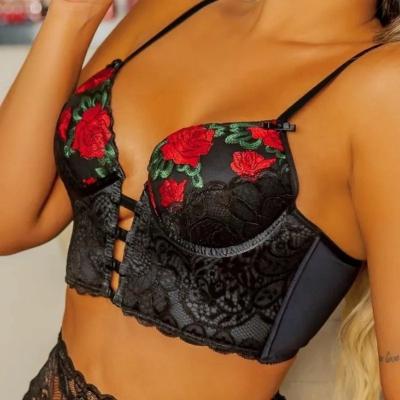 China Polyester Cotton Lingerie Bra Set Sexy Underwear Set Women Floral Embroidery Padded Push Up Bralette Thong Lenceria Lingerie Set for sale