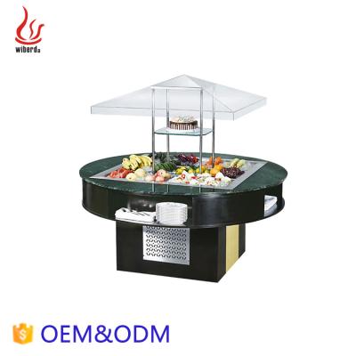 China Commercial Round Type Single-temperature Junjian Ice-Cooled Wooden Stainless Steel Many Pans Marble Salad Counter Counter for sale