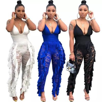 China Sexy QUICK DRY women one piece jumpsuits stitching backless rompers ruffles with zipper patchwork for ladies party club for sale