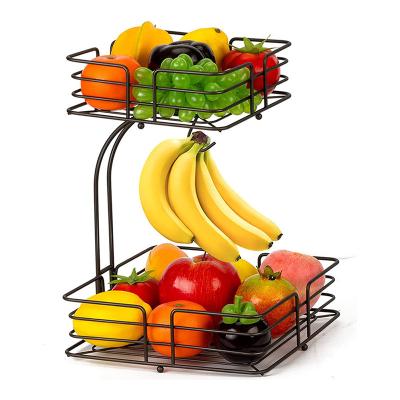 China Sustainable 2-Tier Square Countertop Fruit Vegetable Basket Storage Bowl With Banana Hanger Fruit Basket for sale