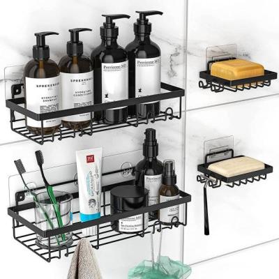 China Wall Mounted Type Shelf Organizer With 2 Soap Dish Adhesive Black Bathroom Basket Shelves With Hooks Shower Caddy for sale