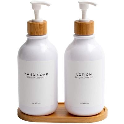 China Wholesale Viable Liquid Soap Bottles With Bamboo Tray And Pump Soap Proof Labels Bathroom Soap Dispenser Set for sale