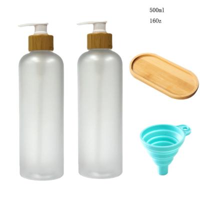 China Bathroom 16Oz Travel Countertop Travel Shampoo Conditioner Bamboo Press Sustainable Pump Matte Clear Dish Soap Bottle Set for sale