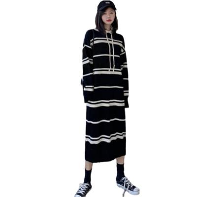 China New autumn women's knitted striped dress anti-static during long paragraph sweater dress loose push-up hooded winter for sale