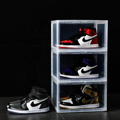 China 2021 Viable Designed Custom Made Sneaker Box Magnets Drop Front Clear Shoe Storage Box Clear Acrylic Shoe Container Case for sale