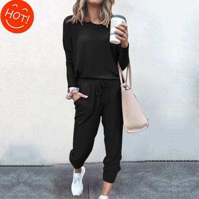 China Solid Color QUICK DRY Two Piece Outfit Women Sweater Long Tops And Pant Suits Crewneck Sweater Tracksuits for sale