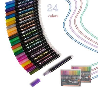 China Paper 12 Colors 24 Colors Metallic Contour Self-contour Shimmer Markers, Two Line Set Marker for Sketch Marker Painting for sale