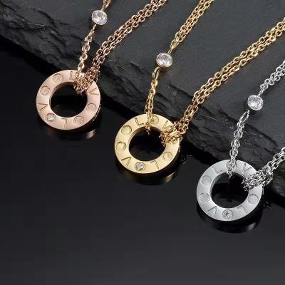 China Famous Fashionable Jewelry 316L Stainless Steel Hypoallergenic Gold Plated Necklace Female Circle Screw Charm Pendant Double Chain Necklace for sale