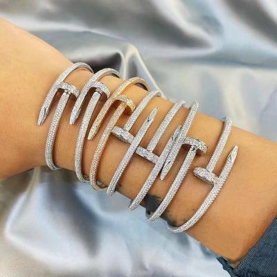 China Trendy Designer High Quality Women 316L Stainless Steel Diamond CZ Trendy Zircon Full Iced Out Nail Bracelets LOVE Cuff Nail Bracelet for sale