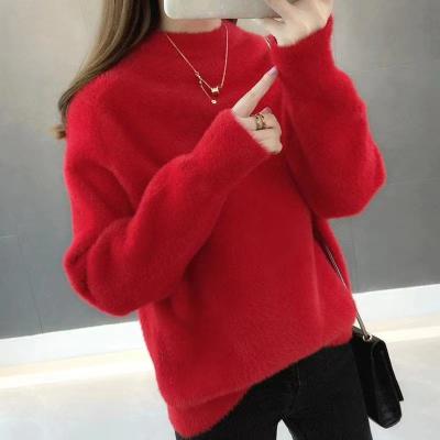 China Anti-wrinkle clothing autumn winter warm sweater o neck imitated loose casual mink wool sweater for women for sale