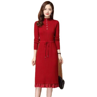 China Spring Fashion Anti-Static Ladies Dress Casual Slim Fit Above Knee Knit Middle Neck Dress Lace Sweater Dress For Lady for sale