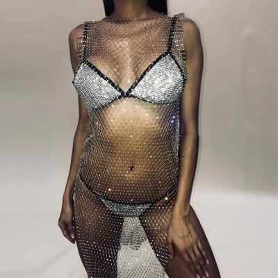 China L&N QUICK DRY Crystal Diamonds Mesh Dress Women Hollow Out Rhinestone Sleeveless Part Mini Bodycon Dress Summer Fishnet Dresses for sale