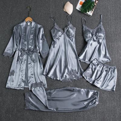 China Luxury QUICK DRY QUICK DRY 5 Pieces Set Autumn Pajamas Nightgowns Silk Sleepwear Set Plus Size For Woman for sale