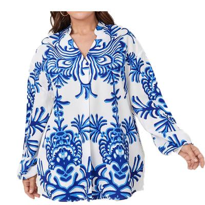 China Spring Plus Size Holiday Plus Size Casual Fat Printed Oversize V-Neck Shirt Plus Size Women's Blouses for sale