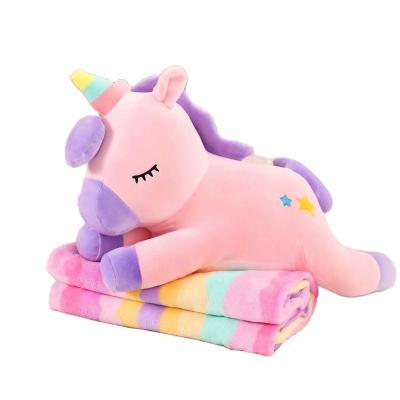 China Baby Unicorn Blanket Pillow Toy RTS Desk Folded Cartoon 2 in 1 Plush Pillow Blanket for sale