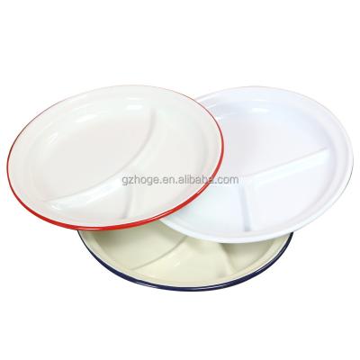 China 3 Compartment Enamel Camping Dinner Rice Dish Minimalist White Printing Dish With Black Rim Custom Logo for sale